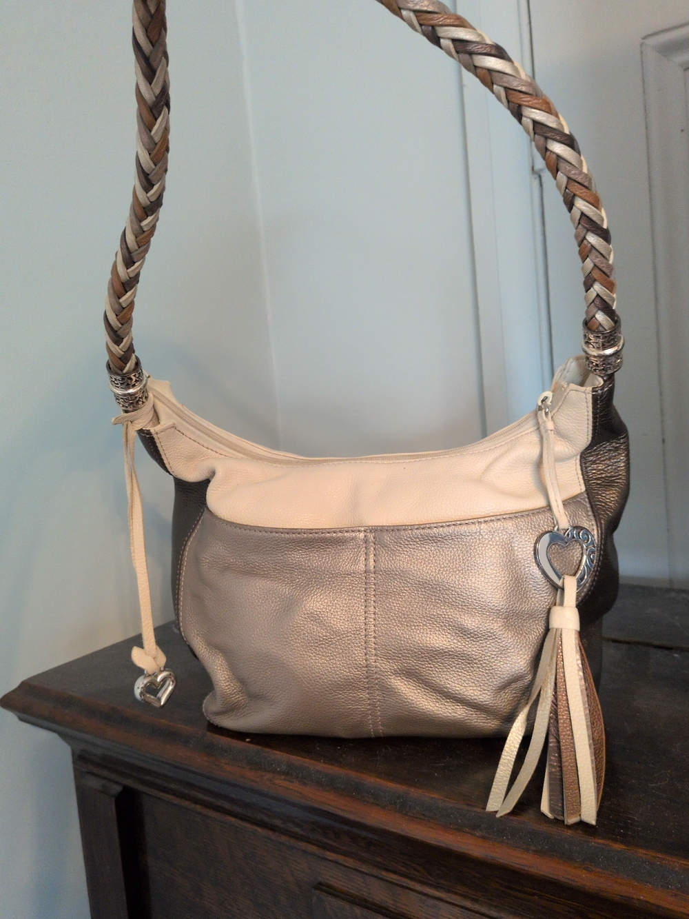 Brighton Two-Tone Metallic Taupe & Cream Braided-Handle Shoulder Bag